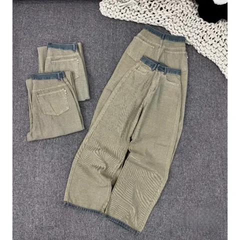 Quần jean dài - Quần jean / denim ống rộng màu bụi rêu phối cap denim đậm + outfit phong cách retro, hàn quốc, năng động