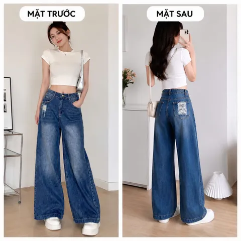 Quần jean dài - Quần jean / denim ống rộng cạp cao wash xanh đậm trendy, che dáng tốt, túi rách tạo điểm nhấn cá tính