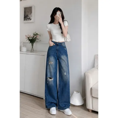 Quần jean dài - Quần jean / denim ống rộng cạp cao wash xanh đậm trendy, che dáng tốt, túi rách tạo điểm nhấn cá tính