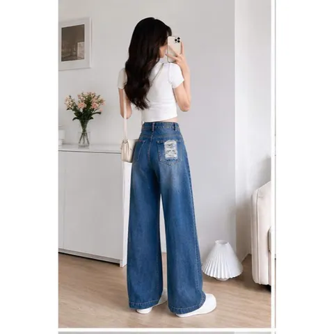 Quần jean dài - Quần jean / denim ống rộng cạp cao wash xanh đậm trendy, che dáng tốt, túi rách tạo điểm nhấn cá tính