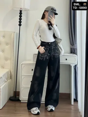 Quần jean dài - Quần jean / denim ống suông wash màu đen siêu bụi, chất phong cách retro, hàn quốc, cá tính, năng động