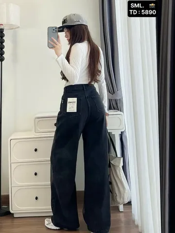Quần jean dài - Quần jean / denim ống suông wash màu đen siêu bụi, chất phong cách retro, hàn quốc, cá tính, năng động
