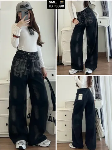 Quần jean dài - Quần jean / denim ống suông wash màu đen siêu bụi, chất phong cách retro, hàn quốc, cá tính, năng động