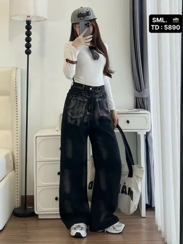 Quần jean dài - Quần jean / denim ống suông wash màu đen siêu bụi, chất phong cách retro, hàn quốc, cá tính, năng động