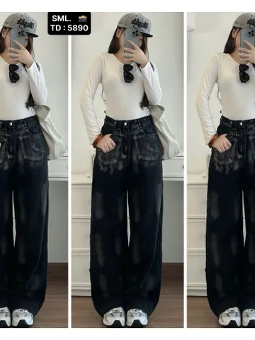 Quần jean dài - Quần jean / denim ống suông wash màu đen siêu bụi, chất phong cách retro, hàn quốc, cá tính, năng động
