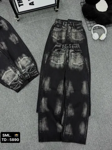 Quần jean dài - Quần jean / denim ống suông wash màu đen siêu bụi, chất phong cách retro, hàn quốc, cá tính, năng động