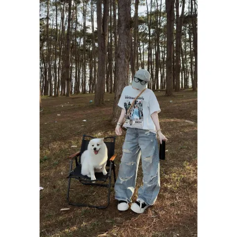 Quần jean dài - Quần jean/denim ống suông dài 97cm form rách thời trang phong cách hàn quốc, năng động đi chơi cực chất