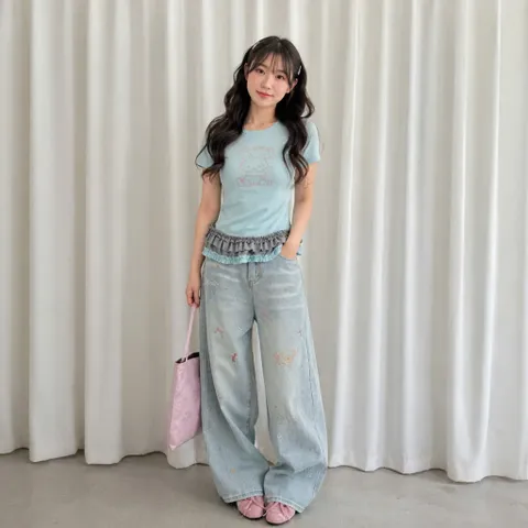 Quần jean dài - Quần jean/denim ống suông dài 102cm họa tiết thêu bé cún iu,phong cách retro, hàn quốc, năng động 26NU