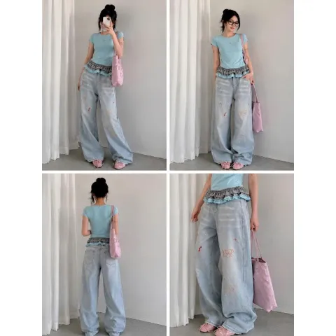 Quần jean dài - Quần jean/denim ống suông dài 102cm họa tiết thêu bé cún iu,phong cách retro, hàn quốc, năng động 26NU