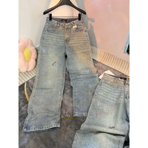Quần jean dài - Quần jean/denim ống suông dài 102cm họa tiết thêu bé cún iu,phong cách retro, hàn quốc, năng động 26NU