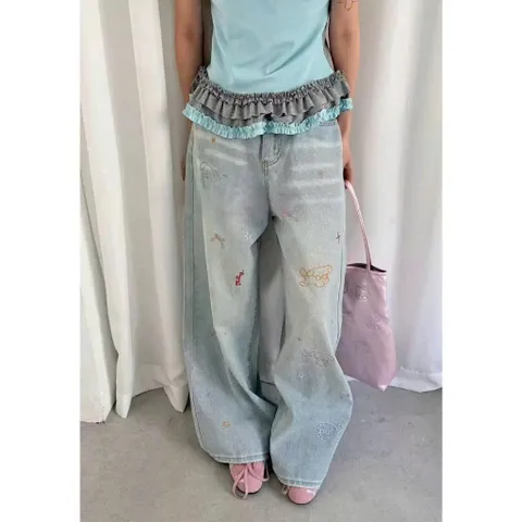 Quần jean dài - Quần jean/denim ống suông dài 102cm họa tiết thêu bé cún iu,phong cách retro, hàn quốc, năng động 26NU