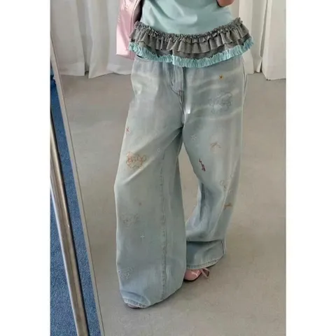 Quần jean dài - Quần jean/denim ống suông dài 102cm họa tiết thêu bé cún iu,phong cách retro, hàn quốc, năng động 26NU