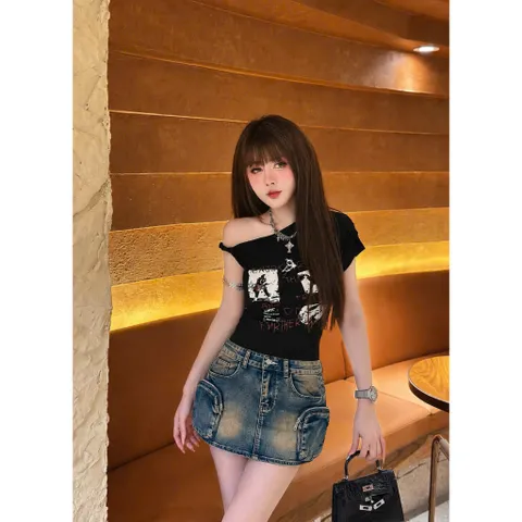 Quần Jean đùi - Chân váy jean nữ chất Jean / Denim wash dáng ngắn túi hộp phong cách retro, hàn quốc 2 màu tôn dáng