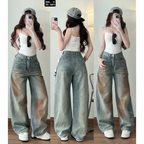 Quần jean dài - Quần jean dài 103cm phong cách đường phố, cá tính siêu bụi form suông wash khói vệt nâu điểm nhấn độc lạ