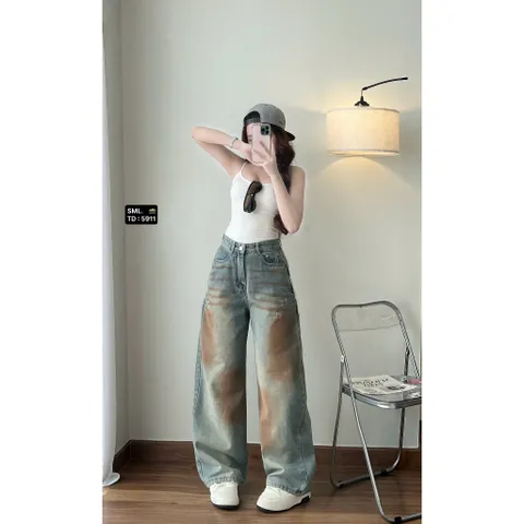 Quần jean dài - Quần jean dài 103cm phong cách đường phố, cá tính siêu bụi form suông wash khói vệt nâu điểm nhấn độc lạ