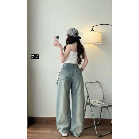 Quần jean dài - Quần jean dài 103cm phong cách đường phố, cá tính siêu bụi form suông wash khói vệt nâu điểm nhấn độc lạ