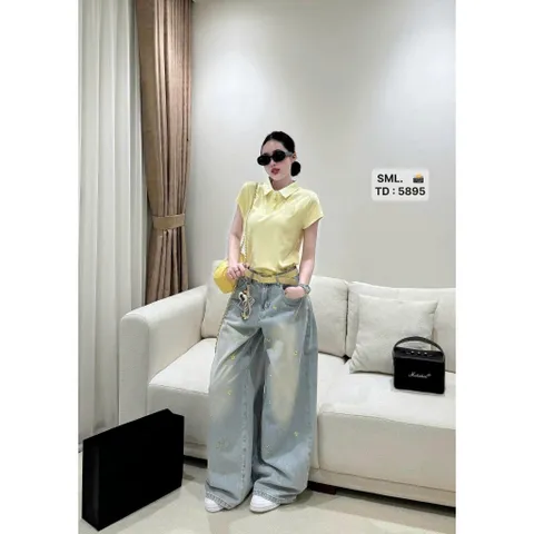 Quần jean dài - Quần jean suông wash bạc dài 103cm họa tiết thêu bé mèo và bông hoa xinh iu, ngọt ngào cho nàng đi chơi