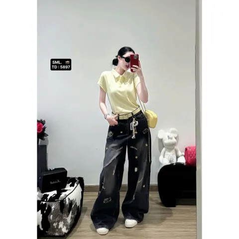 Quần jean dài - Quần jean suông wash bạc dài 103cm họa tiết thêu bé mèo và bông hoa xinh iu, ngọt ngào cho nàng đi chơi