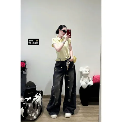 Quần jean dài - Quần jean suông wash bạc dài 103cm họa tiết thêu bé mèo và bông hoa xinh iu, ngọt ngào cho nàng đi chơi