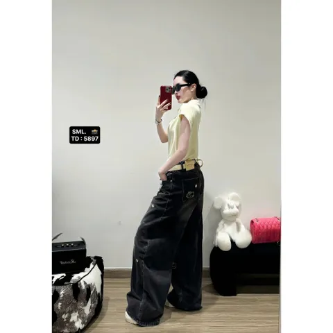 Quần jean dài - Quần jean suông wash bạc dài 103cm họa tiết thêu bé mèo và bông hoa xinh iu, ngọt ngào cho nàng đi chơi