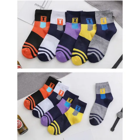 Combo 5 đôi tất nam cổ trung cotton dày dặn thấm hút tốt vớ nam thoáng khí khử khuẩn Chữ T co dãn
