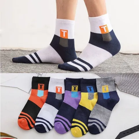 Combo 5 đôi tất nam cổ trung cotton dày dặn thấm hút tốt vớ nam thoáng khí khử khuẩn Chữ T co dãn