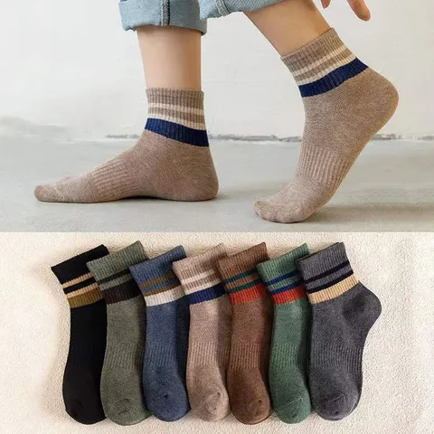 Set 5 đôi tất vớ nam cổ trung sọc ngang nhiều màu sắc, chất liệu cotton khử mùi thoáng khí