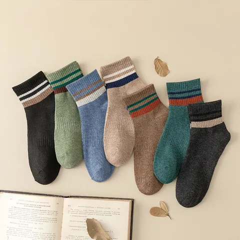 Set 5 đôi tất vớ nam cổ trung sọc ngang nhiều màu sắc, chất liệu cotton khử mùi thoáng khí