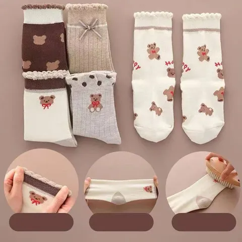 Combo 5 đôi tất trẻ em chất cotton thông thoáng họa tiết gấu nâu