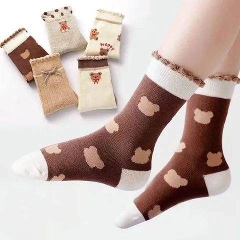 Combo 5 đôi tất trẻ em chất cotton thông thoáng họa tiết gấu nâu