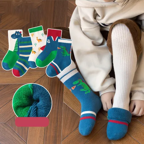 [Sịn dày ấm] Sét 5 đôi vớ Cotton co giãn họa tiết Khủng Long thời trang cho Bé Trai Và Gái