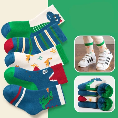 [Sịn dày ấm] Sét 5 đôi vớ Cotton co giãn họa tiết Khủng Long thời trang cho Bé Trai Và Gái