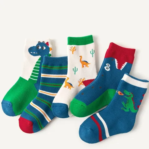 [Sịn dày ấm] Sét 5 đôi vớ Cotton co giãn họa tiết Khủng Long thời trang cho Bé Trai Và Gái