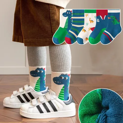 [Sịn dày ấm] Sét 5 đôi vớ Cotton co giãn họa tiết Khủng Long thời trang cho Bé Trai Và Gái