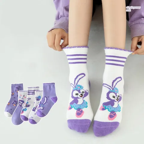 Set 5 đôi tất trẻ em họa tiết Thỏ tím chất len co giãn cho bé gái 2-13 tuổi