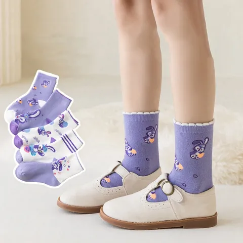 Set 5 đôi tất trẻ em họa tiết Thỏ tím chất len co giãn cho bé gái 2-13 tuổi