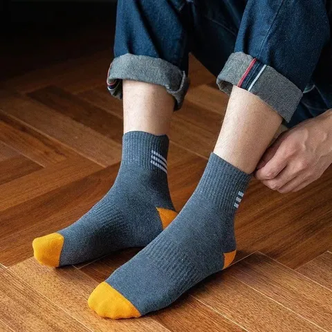 Set 5 đôi tất nam 3 sọc cổ trung, tất nam phong cách vintage Hàn Quốc
