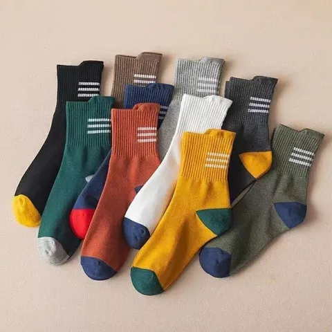 Set 5 đôi tất nam 3 sọc cổ trung, tất nam phong cách vintage Hàn Quốc