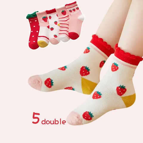 Set 5 đôi tất trẻ em thoáng khí lụa lạnh họa tiết quả dâu dành cho bé gái 2-8 Tuổi