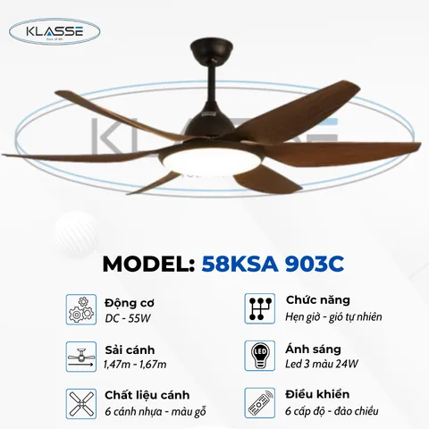 Quạt trần đèn 6 cánh Klasse 58KSA 903C Đức BH 12T