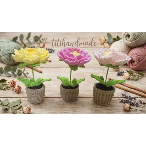 CHẬU HOA MẪU ĐƠN LEN HANDMADE – HOA LEN TRANG TRÍ ĐỂ BÀN