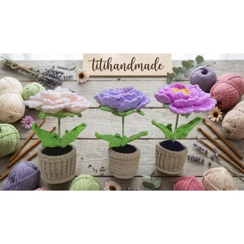 CHẬU HOA MẪU ĐƠN LEN HANDMADE – HOA LEN TRANG TRÍ ĐỂ BÀN