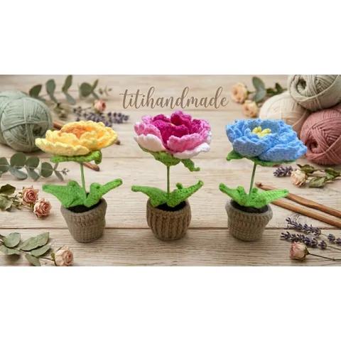 CHẬU HOA MẪU ĐƠN LEN HANDMADE – HOA LEN TRANG TRÍ ĐỂ BÀN