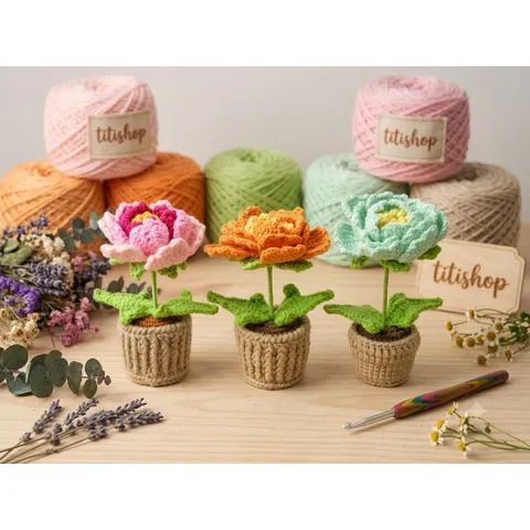 CHẬU HOA MẪU ĐƠN LEN HANDMADE – HOA LEN TRANG TRÍ ĐỂ BÀN