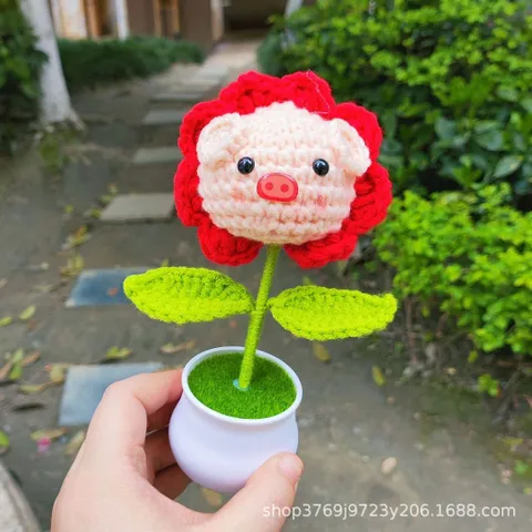 Chậu hoa len đầu thú dùng trang trí bàn việc, làm quà tặng