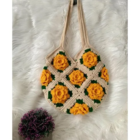 Túi Tote Len Đeo Vai Họa Tiết Hoa Hồng Nổi Handmade – Túi Len Móc Thủ Công Thời Trang, Đựng Điện Thoại, Ví, Mỹ Phẩm