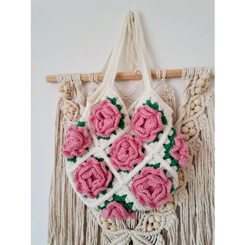 Túi Tote Len Đeo Vai Họa Tiết Hoa Hồng Nổi Handmade – Túi Len Móc Thủ Công Thời Trang, Đựng Điện Thoại, Ví, Mỹ Phẩm