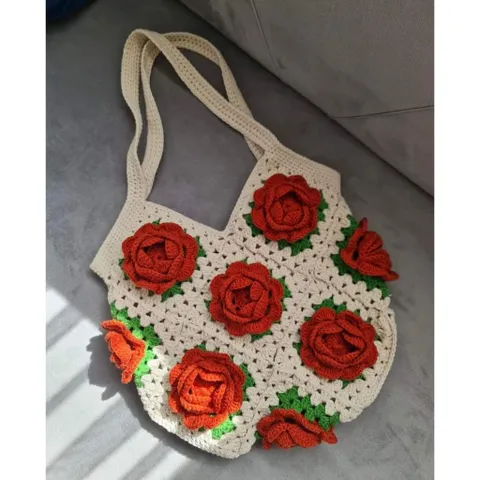 Túi Tote Len Đeo Vai Họa Tiết Hoa Hồng Nổi Handmade – Túi Len Móc Thủ Công Thời Trang, Đựng Điện Thoại, Ví, Mỹ Phẩm