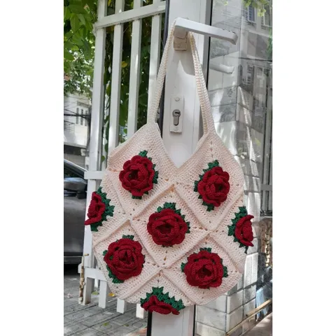 Túi Tote Len Đeo Vai Họa Tiết Hoa Hồng Nổi Handmade – Túi Len Móc Thủ Công Thời Trang, Đựng Điện Thoại, Ví, Mỹ Phẩm
