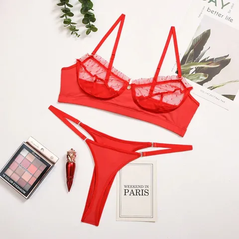 Bộ Đồ Lót Ren Bèo Chấm Bi Set Nội Y Nữ Lưới - T337 Đỏ